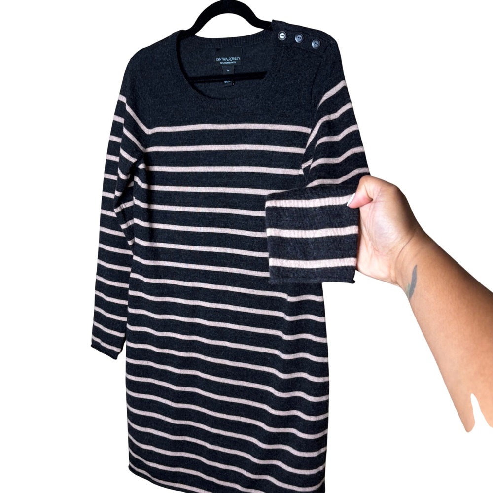 Cynthia Rowley Womens Striped Merino Wool Sweater Dress Button Shoulder